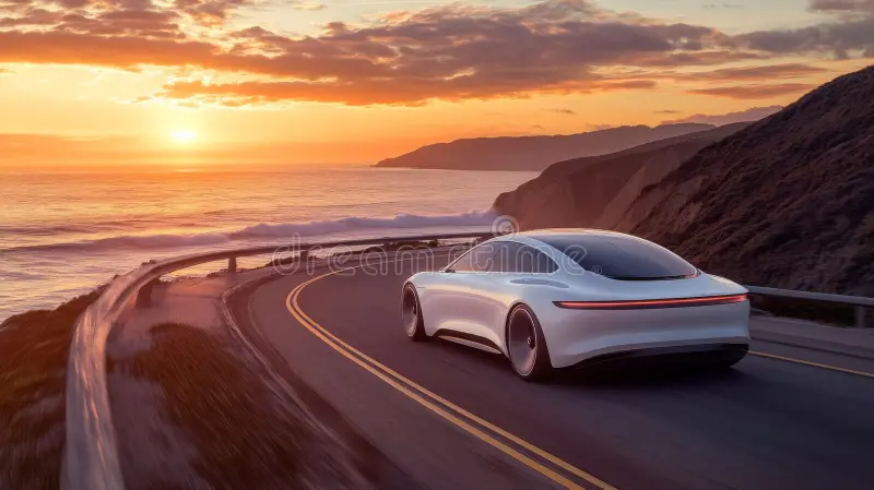 Modern car driving on a coastal road during sunset